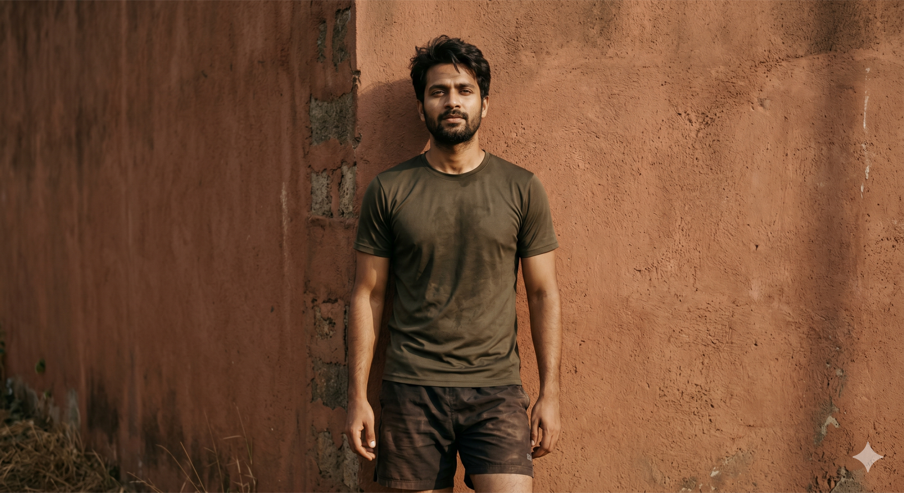 Man wearing an Off Court performance tee against an Indian clay wall