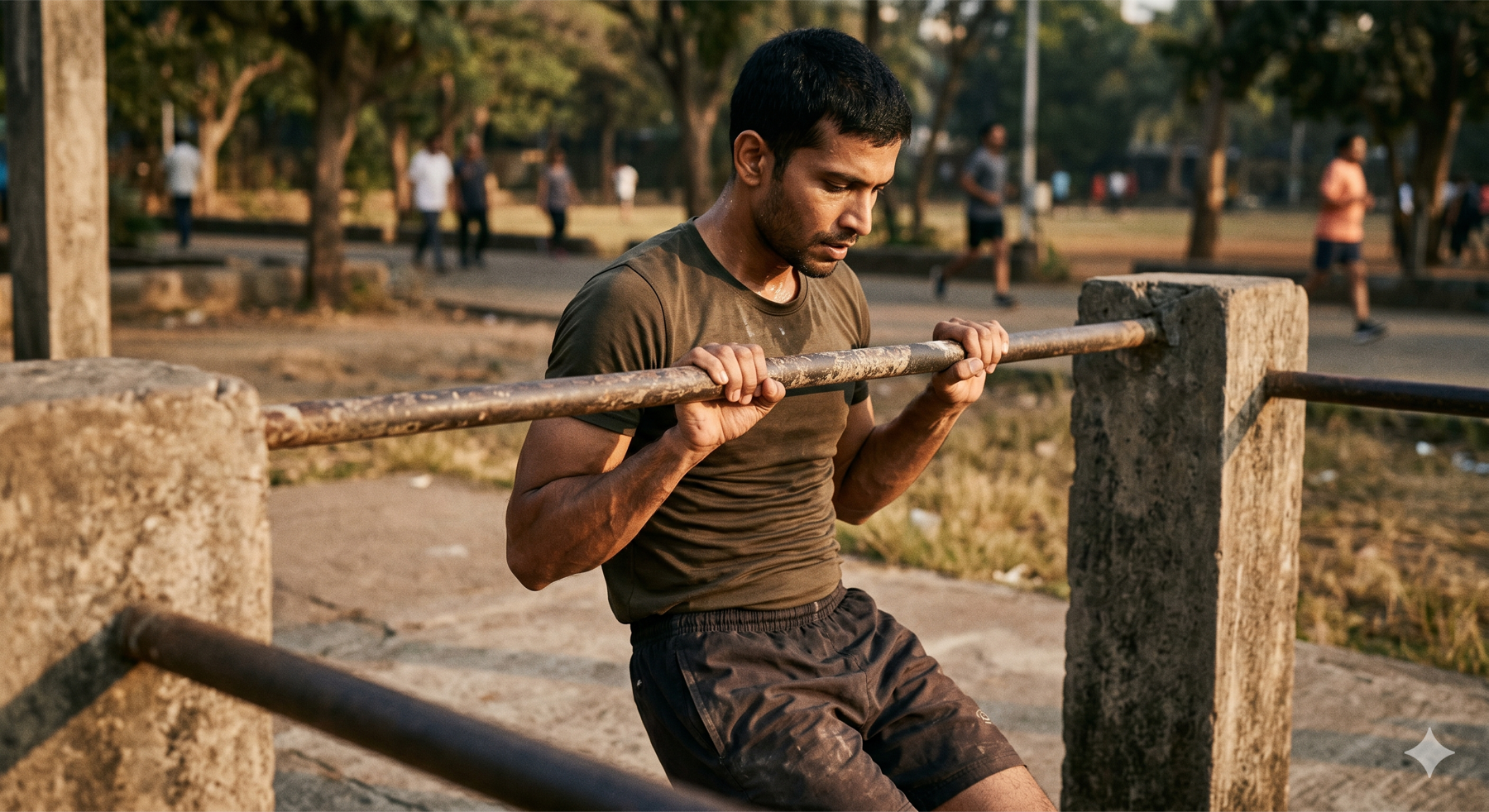 Man training on outdoor calisthenics bars in India