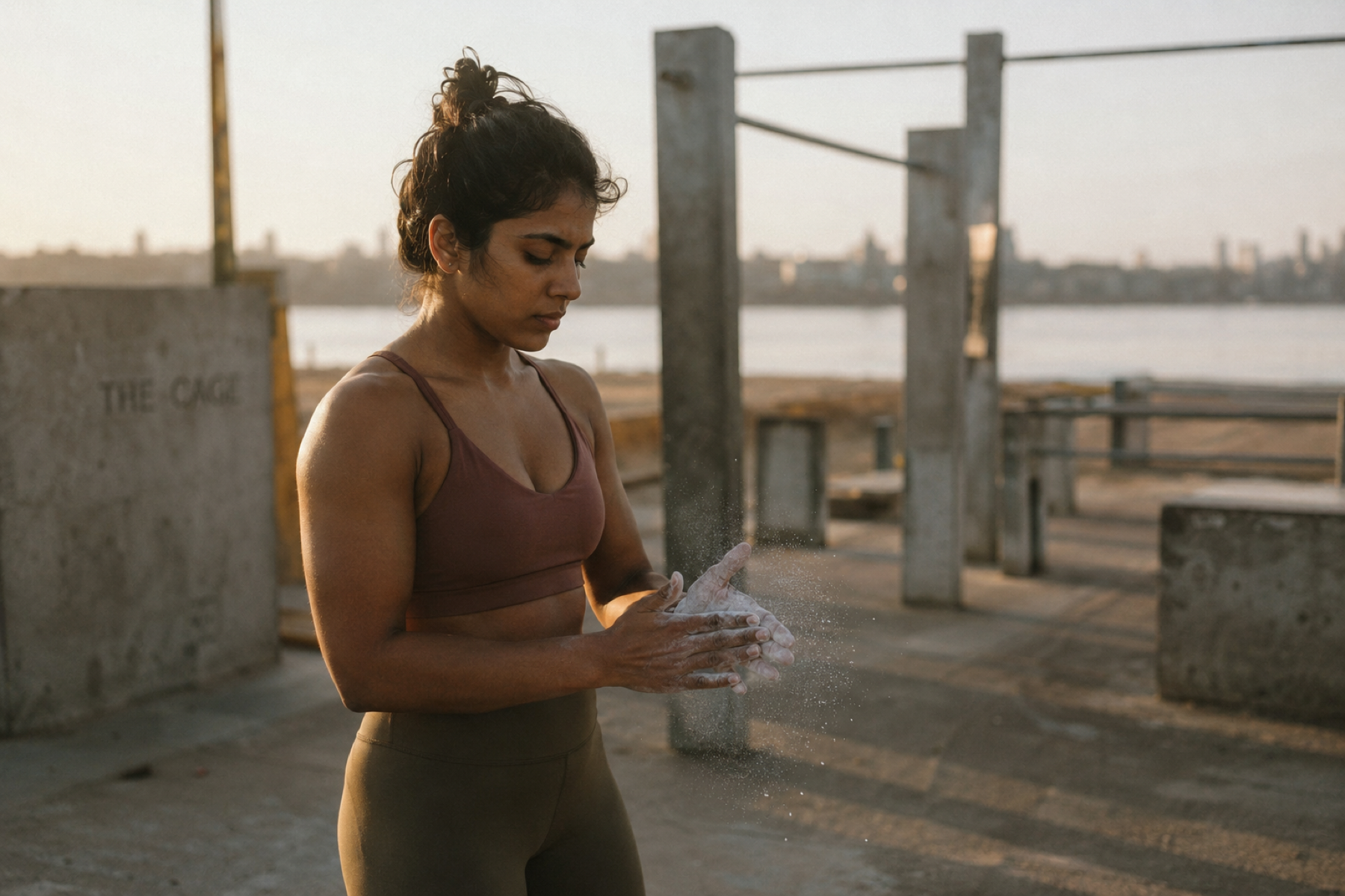 Woman chalking her hands before training at The Cage